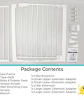 Package contents of Bright Choice Auto Close Kiddo Safe Baby Gate With Glow In The Dark Handle, Pressure Mounted, white components.