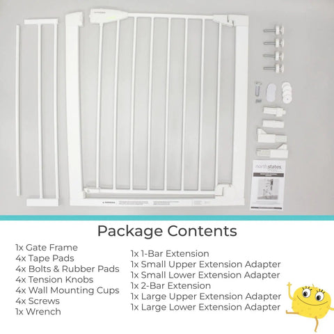 Package contents of Bright Choice Auto Close Kiddo Safe Baby Gate With Glow In The Dark Handle, Pressure Mounted, white components.