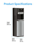 Side view of Bottom Load Water Dispenser for Five Gallon Bottles with hot, cold, and room temperature water, stainless steel finish.