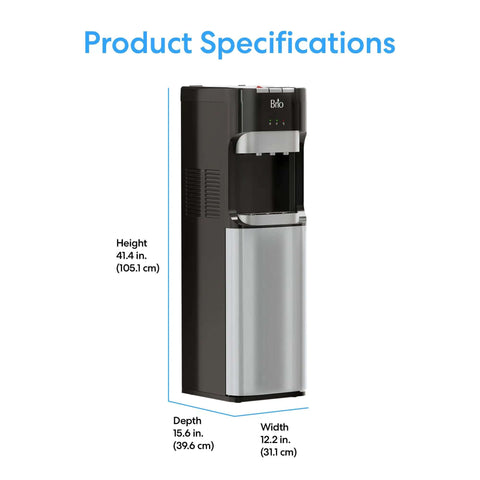Side view of Bottom Load Water Dispenser for Five Gallon Bottles with hot, cold, and room temperature water, stainless steel finish.
