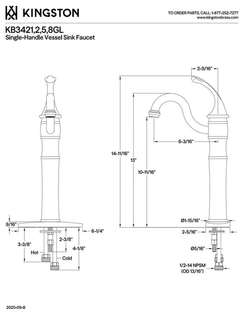 Technical drawing of Georgian Vessel Sink Faucet in Polished Chrome Without Drain, Durable Brass Construction, dimensions labeled