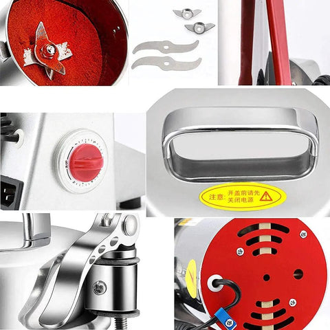 Close-up parts of Fully Automatic 2000G Electric Grain Mill Grinder Swing Type Pulverizer, showing blades and controls.