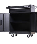 Built Tough One Drawer Tool Cart Rolling Box With Lockable Doors, steel construction, black powder coat finish, open cabinet view