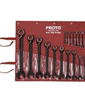 20 Piece Black Chrome Reversible Combo Ratchet Wrench Set With Spline Bits displayed in a rolled-up red tool pouch
