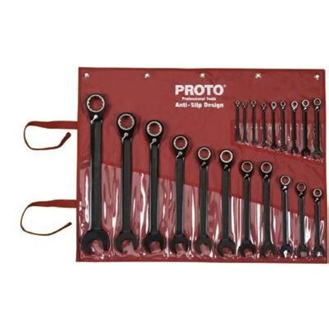 20 Piece Black Chrome Reversible Combo Ratchet Wrench Set With Spline Bits displayed in a rolled-up red tool pouch