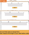 Three sizes of under desk cable management trays in white shown on a 70-inch table, including 28, 36, and 48 inches.