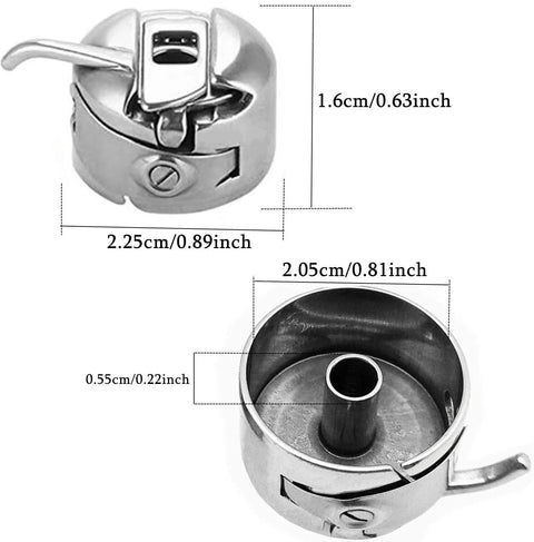 Two metal sewing machine components: front-loading bobbin case and bobbin, chrome finish
