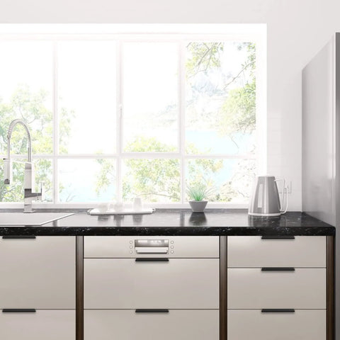 Installed 10 Pack 5 Inch Brushed Nickel Cabinet Pulls on modern kitchen drawers and cabinets with scenic window view.