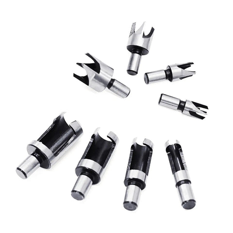 Kickass Eight Piece Wood Plug Cutter Drill Bit Set made from heavy duty carbon steel with titanium coating for woodworking.