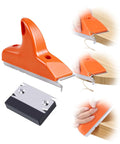 Legendary 3 In 1 Edge Banding Trimmer With Rock Solid Stainless Blades, Easy Cut Wood Veneer And PVC Edges, Killer Grip For Straight Curved And Chamfered DIY Woodworking Jobs in orange with blade attachment.
