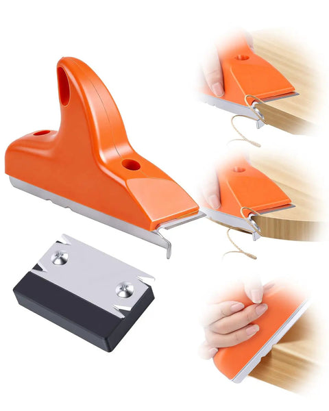 Legendary 3 In 1 Edge Banding Trimmer With Rock Solid Stainless Blades, Easy Cut Wood Veneer And PVC Edges, Killer Grip For Straight Curved And Chamfered DIY Woodworking Jobs in orange with blade attachment.