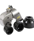 Heavy Duty Hydraulic Torque Wrench One Inch Square Drive Seven Hundred Bar Pressure with two hex adaptors for various applications.
