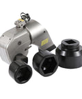 Badass Hydraulic Torque Wrench With 1 Inch Square Drive And 700 Bar Pressure Setting For Smooth Hands Free Operation And Straight Fire Torque Power In Real Tight Spots Daily with two black sockets.