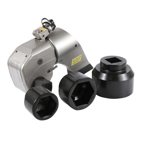 Badass Hydraulic Torque Wrench With 1 Inch Square Drive And 700 Bar Pressure Setting For Smooth Hands Free Operation And Straight Fire Torque Power In Real Tight Spots Daily with two black sockets.