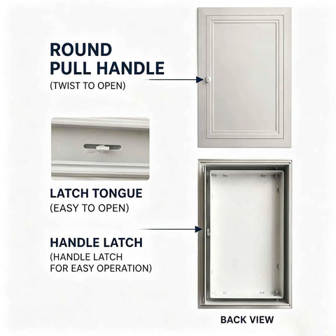 Heavy Duty Aluminum Alloy Attic Access Door With Slick Paintable White Finish And Rock Solid Twist Latch For Easy Peasy Ceiling Hatch Install And Quick Emergency Access Throughout Your House. Close-up view of pull handle and latch mechanism.