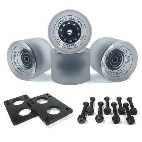 70mm Longboard Wheels 51mm Wide With 80A Hardness And ABEC-9 Bearings, Includes Spacers, Riser Pads And All Hardware, Sick Smooth Ride
