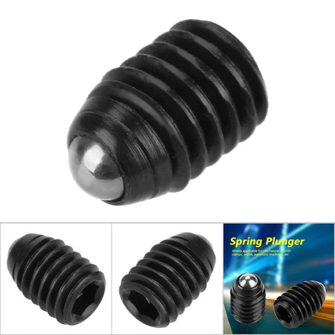 Premium M6 Carbon Steel Spring Plungers Rock Solid Ball Detent Screws Built Hardcore For Precision Clamping And Machine Fixtures Slick Operation 10 Piece Industrial Hardware Set close-up of black spring plunger with a shiny steel ball.