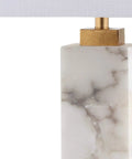 Close-up of White Gold Modern Alabaster Rectangular Table Lamp base with night light and white linen shade for bedroom
