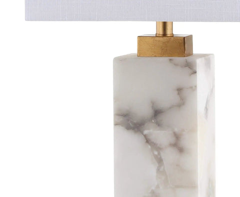 Close-up of White Gold Modern Alabaster Rectangular Table Lamp base with night light and white linen shade for bedroom