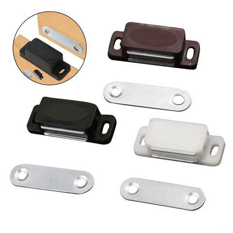 Magnetic Kitchen Cupboard Wardrobe And Closet Door Latch With Strong Hold Power made from ABS and iron, shown in black, brown, white
