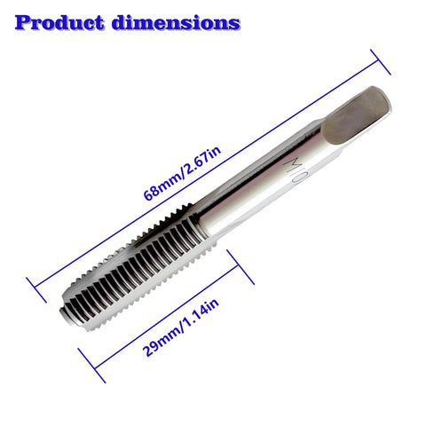 M10 X 1.25 Metric Thread Tap Set dimensions, High Speed Steel Hand Taps, Right Hand Thread, 68mm length, 29mm thread area