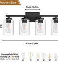 Top Shelf Four Light Bathroom Vanity Fixture With Slick Matte Black Frame And Knockout Clear Glass Shades Prime Wall Sconce product size diagram with measurements.