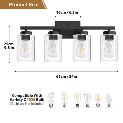 Top Shelf Four Light Bathroom Vanity Fixture With Slick Matte Black Frame And Knockout Clear Glass Shades Prime Wall Sconce product size diagram with measurements.