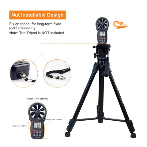BT100APP Wireless Bluetooth Anemometer Handheld Wind Speed Meter With Temperature Wind Chill And Air Velocity Readings In Five Units Meters Per Second Kilometers Per Hour Feet Per Minute Knots Miles Per Hour And Battery Power Display For On The Go mounted on tripod, 6.5in