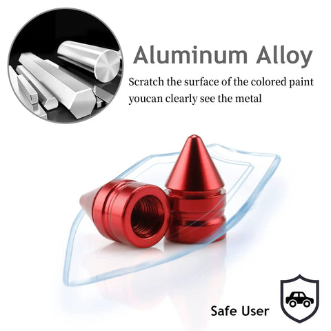 4 Pack Aluminum Alloy Tire Valve Caps For Cars Trucks SUVs And Motorcycles Red Universal Dustproof Valve Stem Caps With Rubber Gasket For Leak Free Performance displayed with metal material illustration