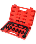 Valve Spring Compressor C Clamp Service Kit with Collet Pusher Adapters and Extension Rods in red carrying case