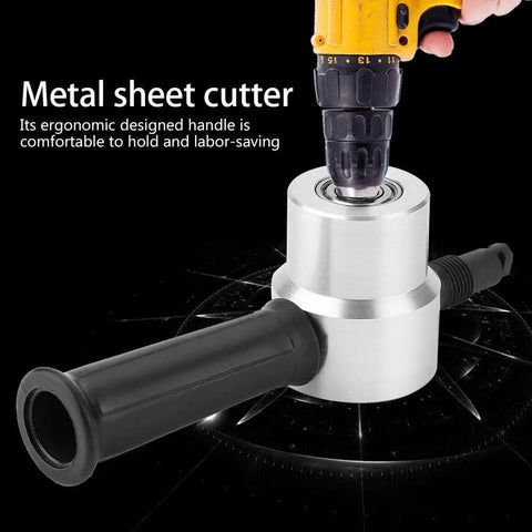 Metal Sheet Cutter Double Head Nibbler Attachment For Power Drill shown with ergonomic handle and drill attachment