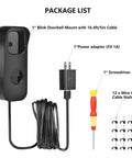 Package contents of 2in1 Power Cable With Adapter And Adhesive Doorbell Mount For Video Doorbell 1st 2023 Release No Drill Easy Install With Sixteen Point Four Feet Charging Cord, including doorbell mount, power adapter, screwdriver, and wire clips.