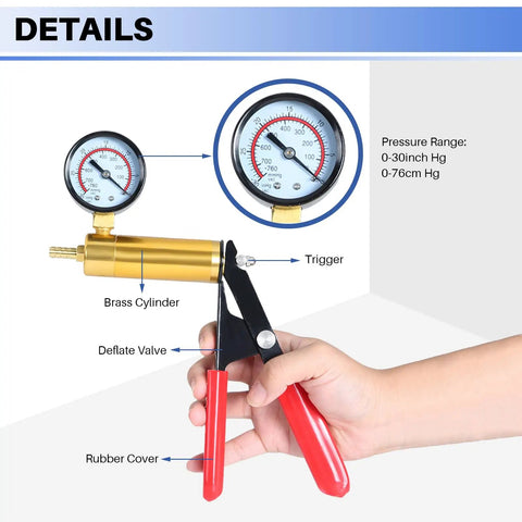 Hand Held Vacuum Pump Tester Kit With Gauge And Brake Bleeder For Auto DIYers, Portable Garage Ready Bleeding System, Pro Grade Aluminum Body, Durable PVC Hoses, Easy To Use showing 0-30 inHg gauge and brass cylinder