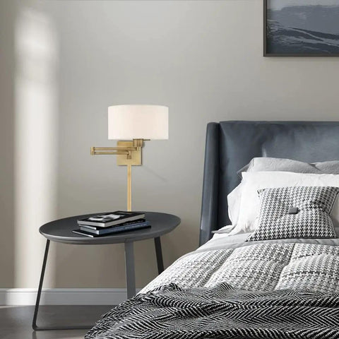 Bronze Finish One Light Swing Arm Wall Lamp With Oatmeal Fabric Shade Twenty Four And A Quarter Inch Includes Three Way Switch