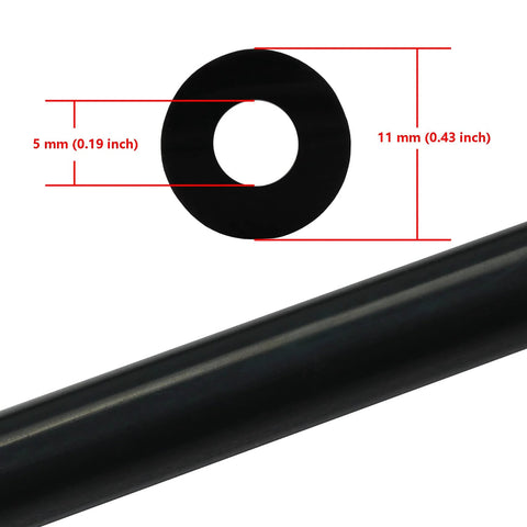 Side view of black silicone vacuum tubing with a washer, showing 5 mm inner diameter and 11 mm outer diameter.