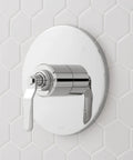 Signature Hardware Gunther 1.8 GPM Pressure Balanced Shower System chrome control handle against hexagonal tiled wall.