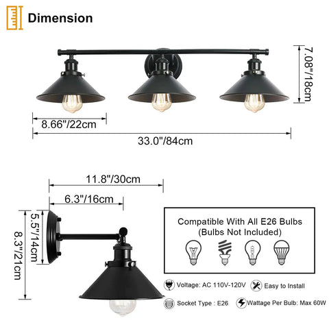Three Light Bathroom Light Fixture With Black Metal Shade Industrial Indoor Wall Mount Sconce dimensions and features
