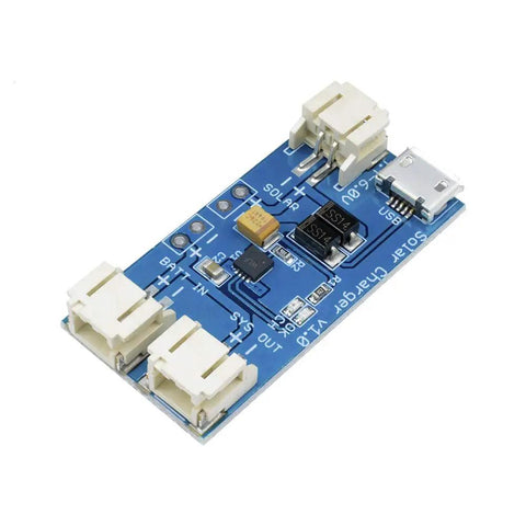 Hella Compact Two Pack Mini Solar Lipo Charger Board Featuring Cn3065 Lithium Battery Management Chip With Micro Usb Hookup displayed on a blue circuit board.