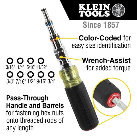 Do-It-All 9-In-1 Pass-Through Nut Driver With Cushioned Grip, SAE Hex Sizes From 3/16 To 3/4 Inch with color-coded features