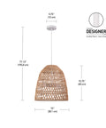 Galen 2-Light Chandelier with bamboo and rattan shade, white canopy and cord, Japandi style lighting dimensions diagram