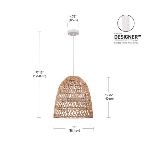 Galen 2-Light Chandelier with bamboo and rattan shade, white canopy and cord, Japandi style lighting dimensions diagram