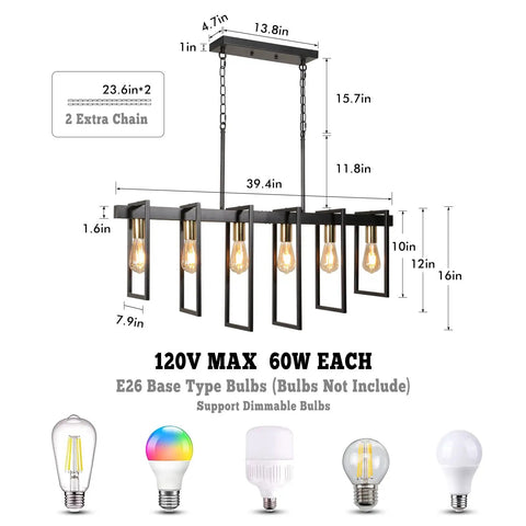 Farmhouse Dining Room Chandelier With Six Lights In Black Finish 39.4 Inch dimensions and bulb types shown