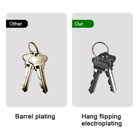 Comparison of keys with barrel plating vs. hang flipping electroplating, showing improved finish with Heavy Duty Mortise Cylinder Lock keys.