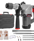 Electric SDS-Plus Rotary Demolition Hammer 1180W With 1-1/4 Inch Bit Capacity, displayed with case, chisels, and drill bits.