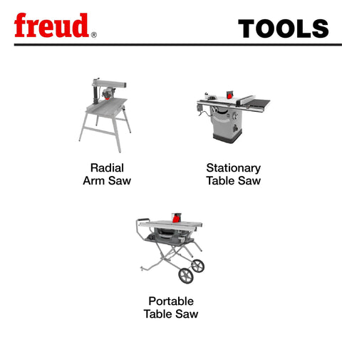 Image of Freud tools including radial arm saw, stationary table saw, and portable table saw.