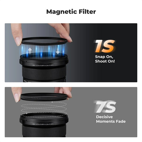 Magnetic 1 Second Swap 77mm Circular Polarizing Filter for DSLR Cameras being placed on lens with magnetic adapter ring.