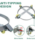 Anti-tipping design of Built Like A Tank 30 Gallon Drum Dolly with swivel casters for added stability.