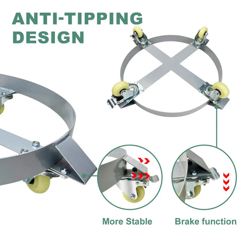 Anti-tipping design of Built Like A Tank 30 Gallon Drum Dolly with swivel casters for added stability.