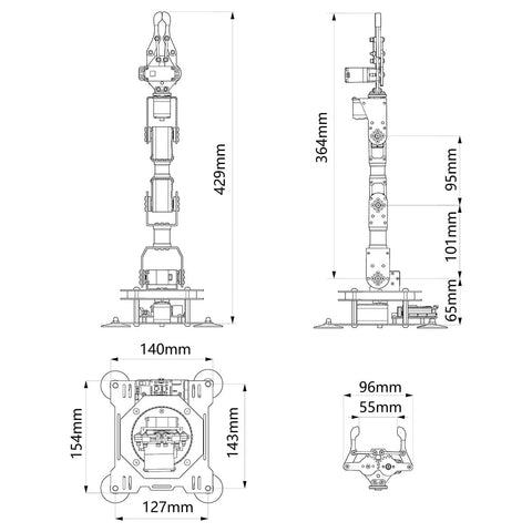 Front, side and top views of a 6-axis full‑metal robotic arm on a base with millimeter measurements.