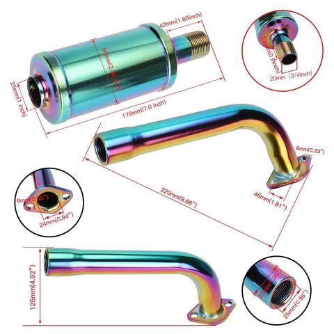 Beefed Up Colorful Exhaust Header Pipe Muffler With Heat Shield Tape Kit For Predator 212cc And 196cc Clones displayed with dimensions